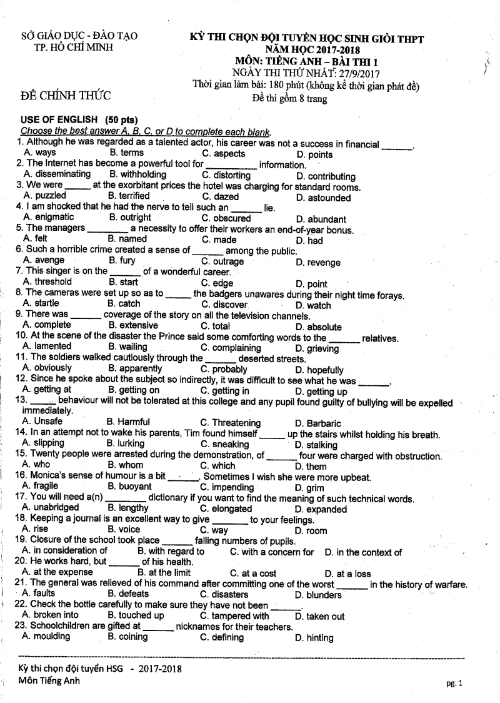 Đề thi chọn đội tuyển học sinh giỏi THPT Vòng 1 TP Hồ Chí Minh môn Tiếng Anh năm 2017-2018