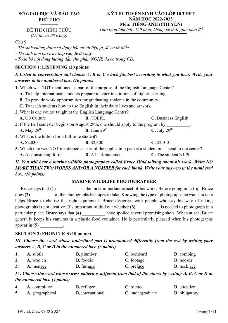 Đề thi tuyển sinh vào lớp 10 THPT Chuyên Hùng Vương, Phú Thọ môn Tiếng Anh (Chuyên) năm học 2022-2023 có đáp án - Trang 1