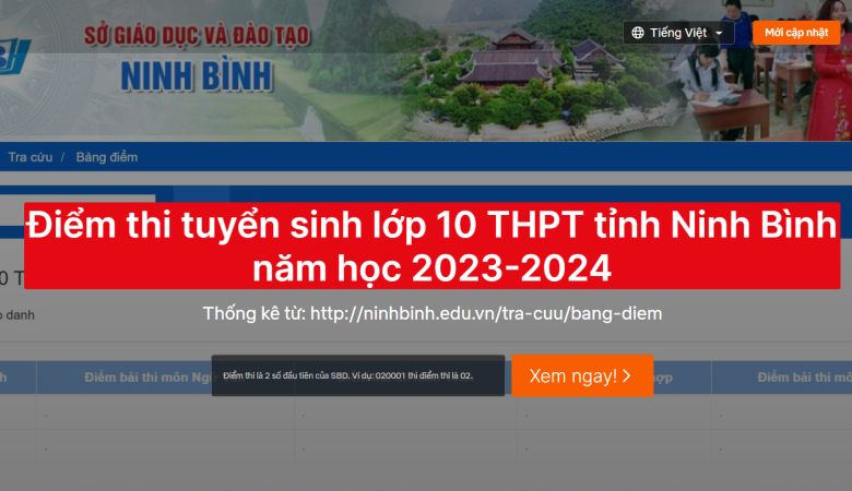 Điểm thi tuyển sinh lớp 10 THPT tỉnh Ninh Bình năm học 2023-2024