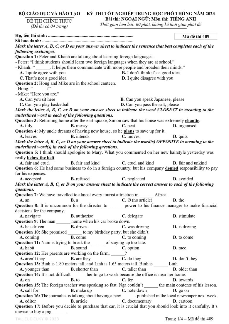 Mã đề thi 409 - Đề thi Tốt nghiệp THPT năm 2023 môn Tiếng Anh