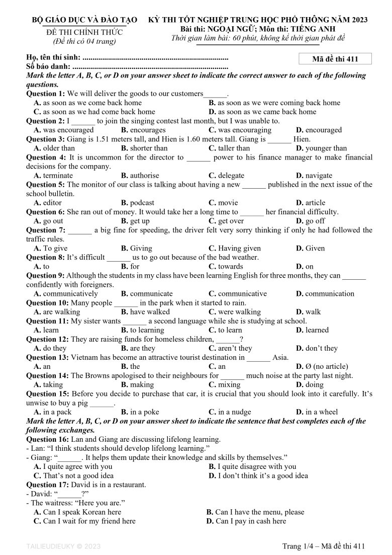 Mã đề thi 411 - Đề thi Tốt nghiệp THPT năm 2023 môn Tiếng Anh trang 1/4