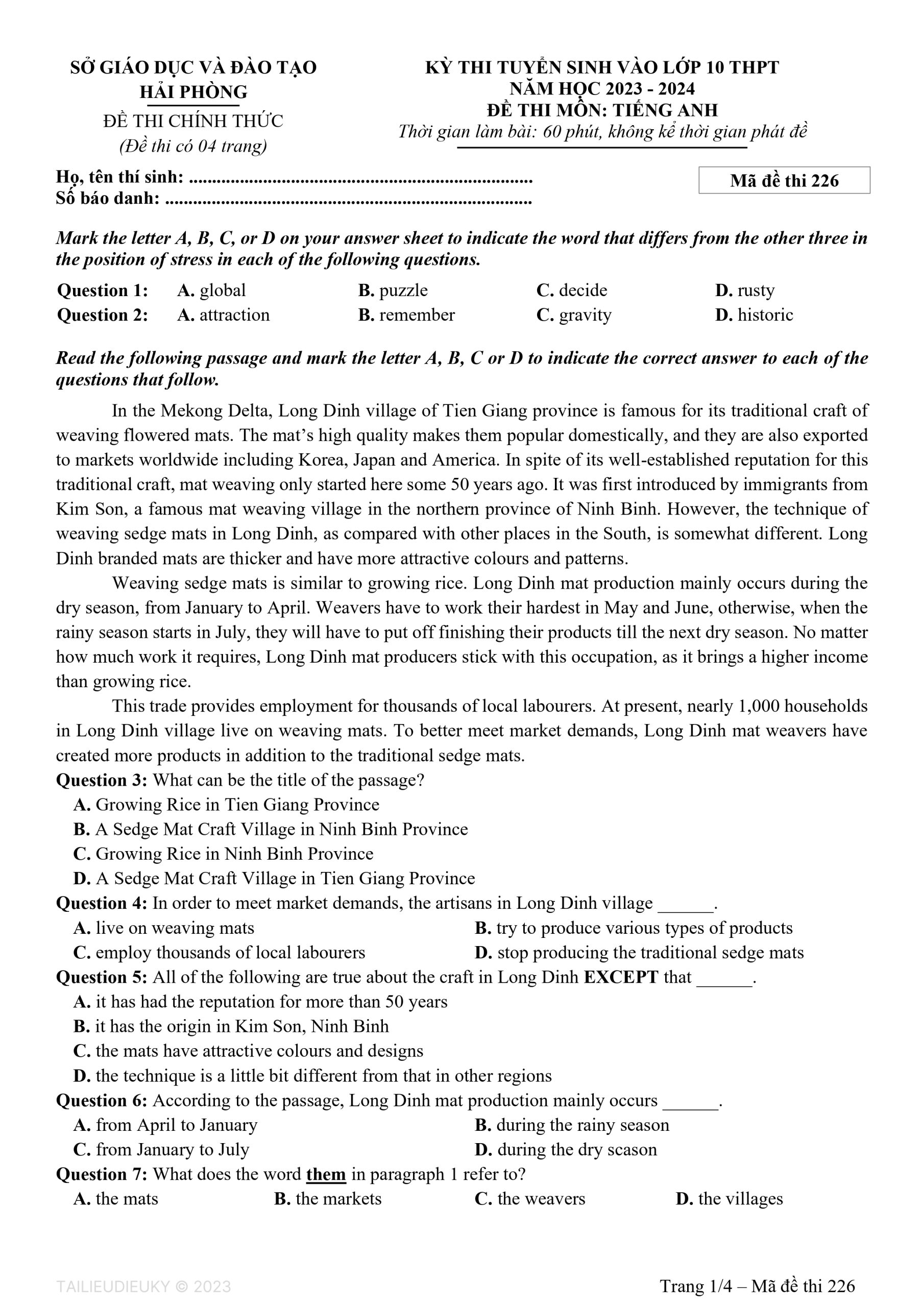 Đề thi Tiếng Anh vào 10 Hải Phòng 2023 có đáp án (file word + pdf) - Mã đề 226_page-0001