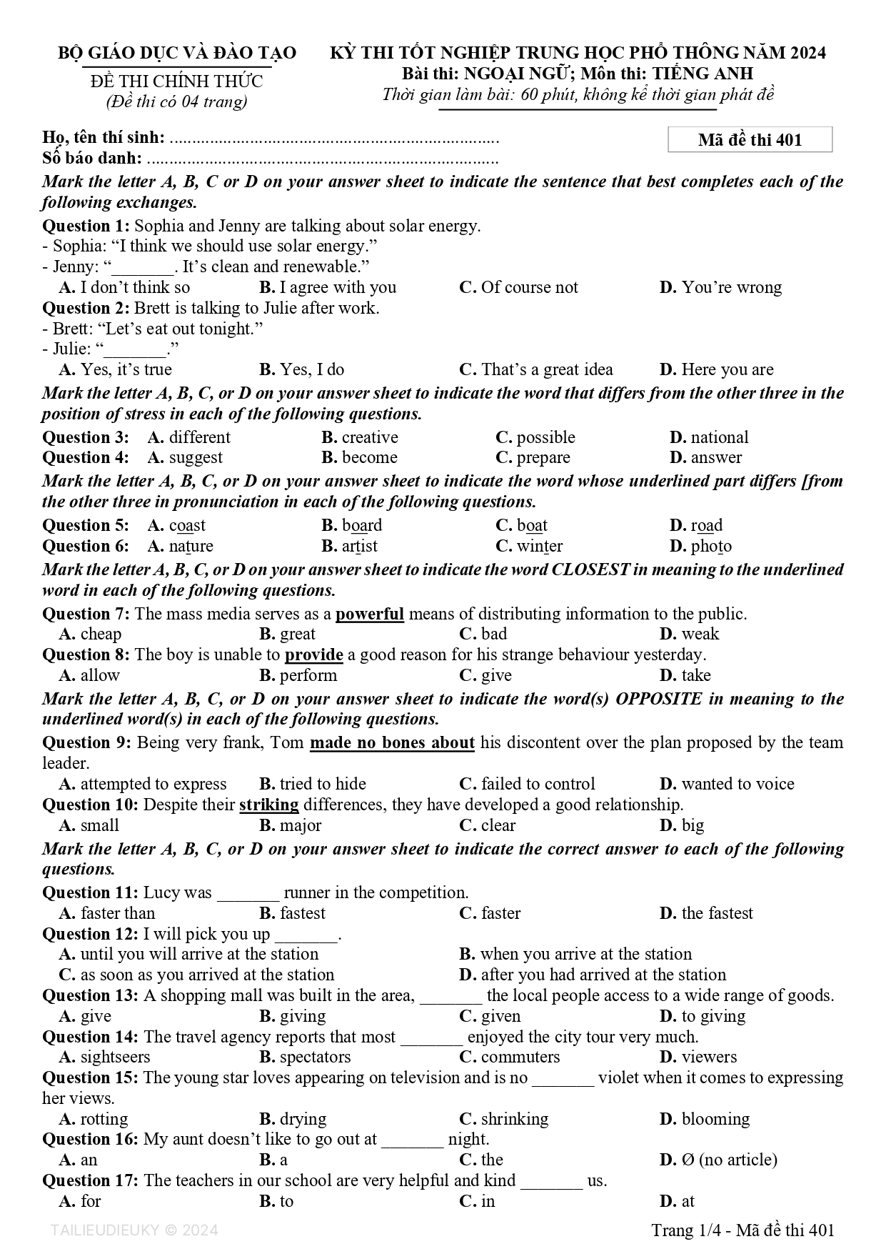 Đề thi tốt nghiệp THPT Quốc Gia môn Tiếng Anh 2024 - Trang 1/4 - Mã đề thi 401
