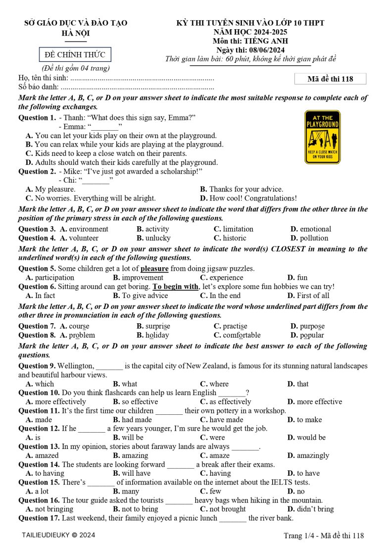 Đề thi vào 10 môn Tiếng Anh Hà Nội năm 2024 - Mã đề 118 - Trang 1