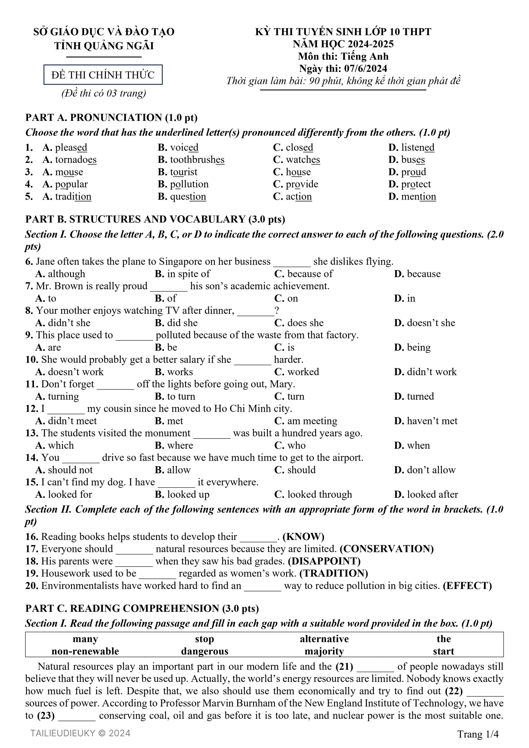 Đề Tiếng Anh thi vào 10 Quảng Ngãi 2024 - 1/3