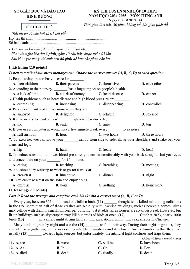 Đề thi Tuyển sinh lớp 10 môn Anh Bình Dương năm 2024 - 1/3