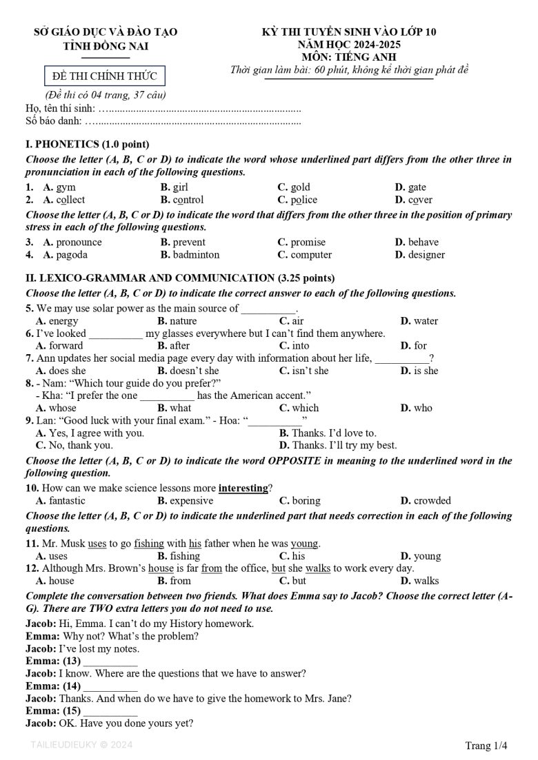 Đề thi tuyển sinh lớp 10 môn Anh Đồng Nai năm học 2024-2025 - 1/4