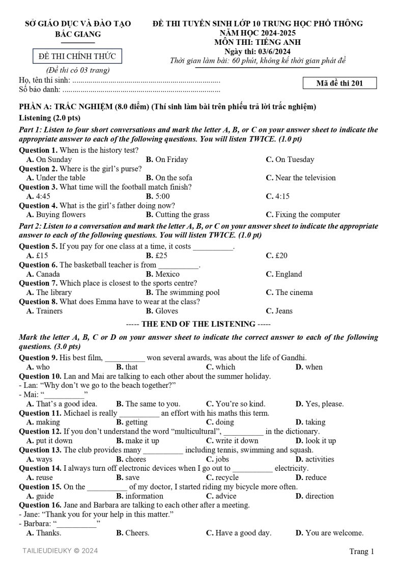 Đề thi Tiếng Anh vào 10 Bắc Giang 2024 - 1/3