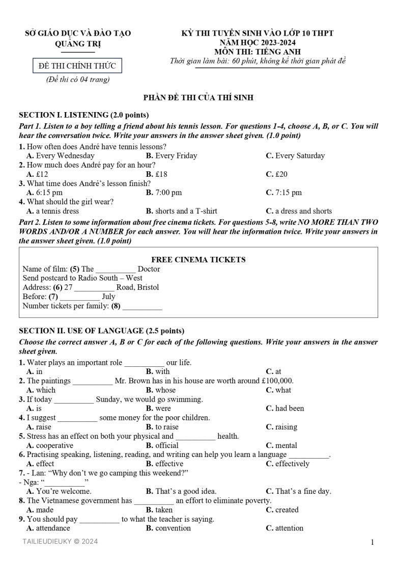 Đề thi Tiếng Anh tuyển sinh vào lớp 10 Quảng Trị 2023-2024 - T1