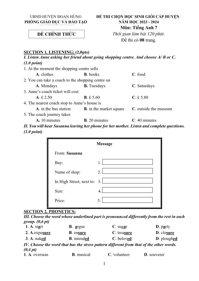 Đề thi học sinh giỏi Tiếng Anh 7 huyện Đoan Hùng 2023 - Listening