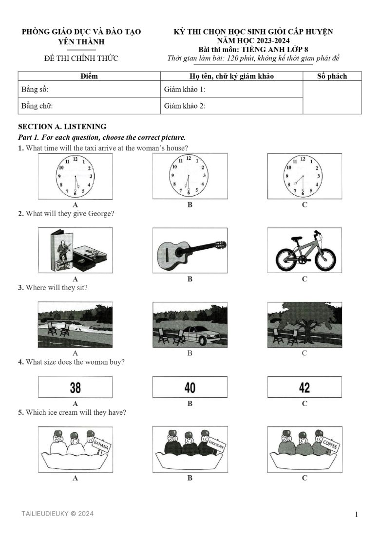 Đề thi học sinh giỏi tiếng Anh lớp 8 huyện Yên Thành 2024 - phần Listening