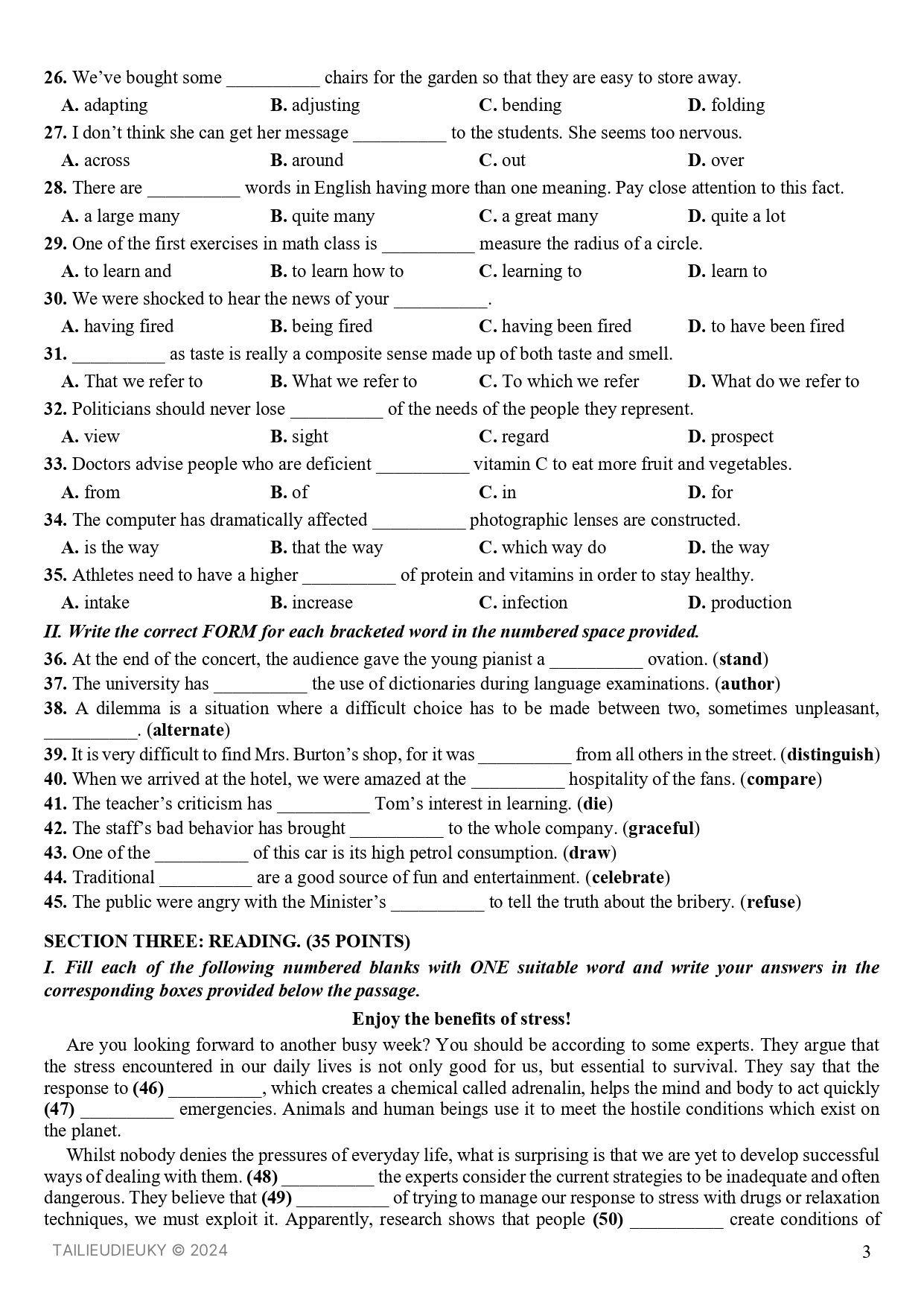 Đề học sinh giỏi cấp tỉnh Thái Nguyên Tiếng Anh - II. Lexico-Grammar (25 points)