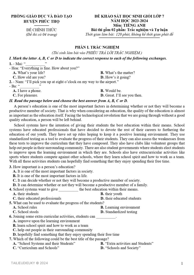Đề thi KSCL học sinh giỏi Tiếng Anh 7 huyện Phúc Thọ, Hà Nội năm 2023 - 1
