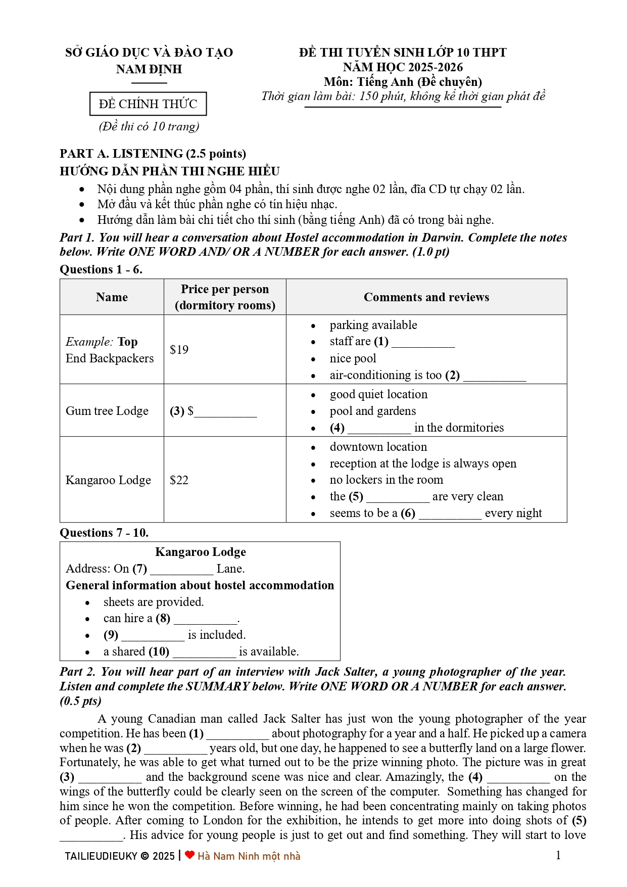 Đề thi Chuyên Anh Nam Định 2025-2026 pdf - 1