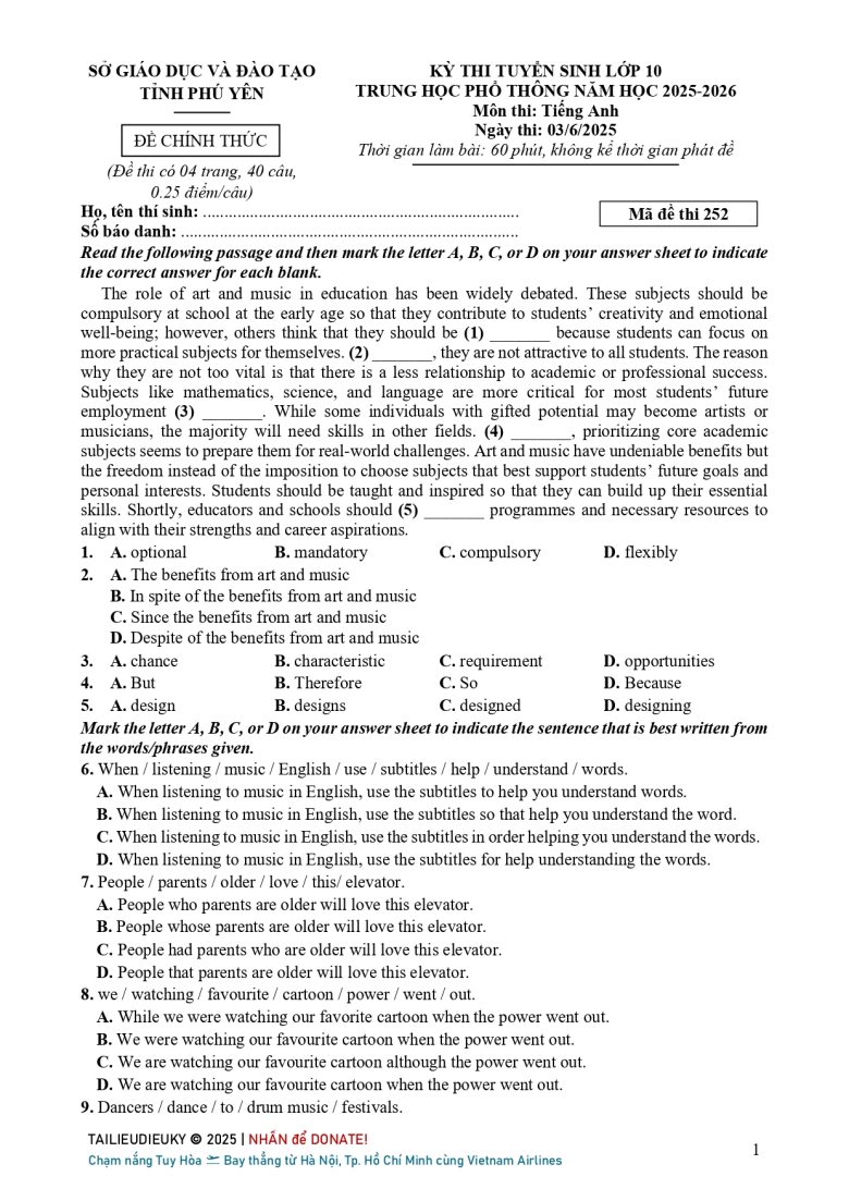 Đề thi tuyển sinh lớp 10 Phú Yên Tiếng Anh 2025-2026_page-0001