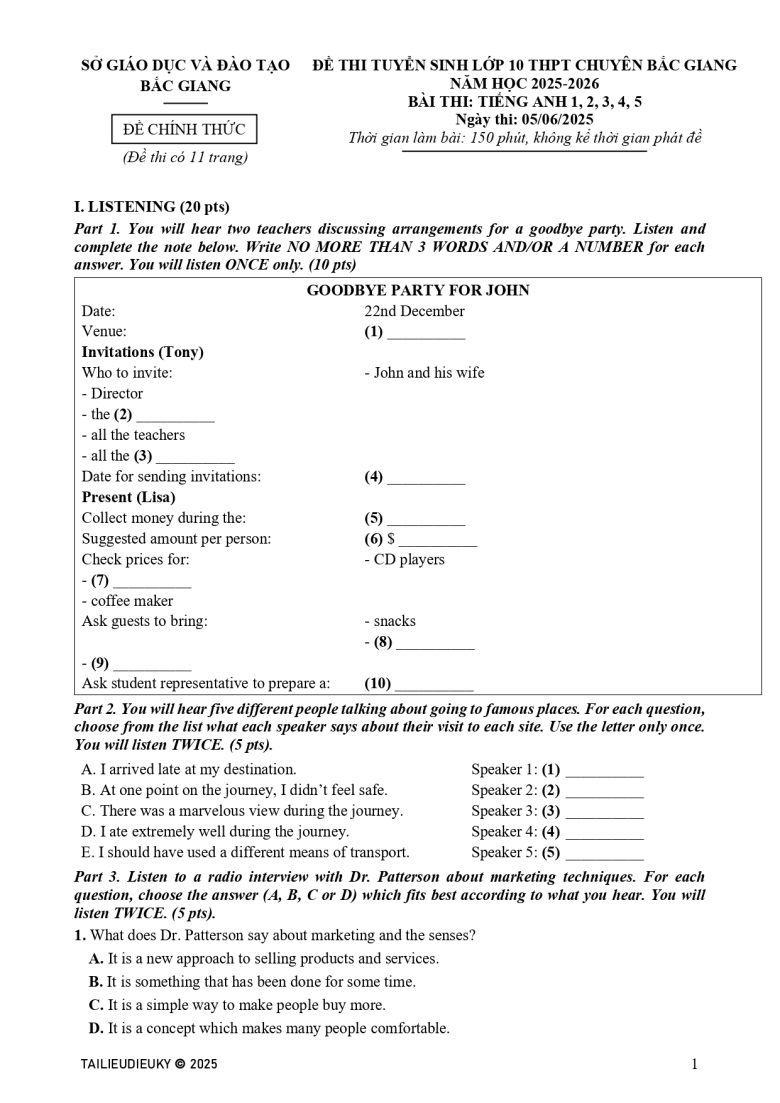Đề Chuyên Anh Bắc Giang 2025-2026 (Chính thức)