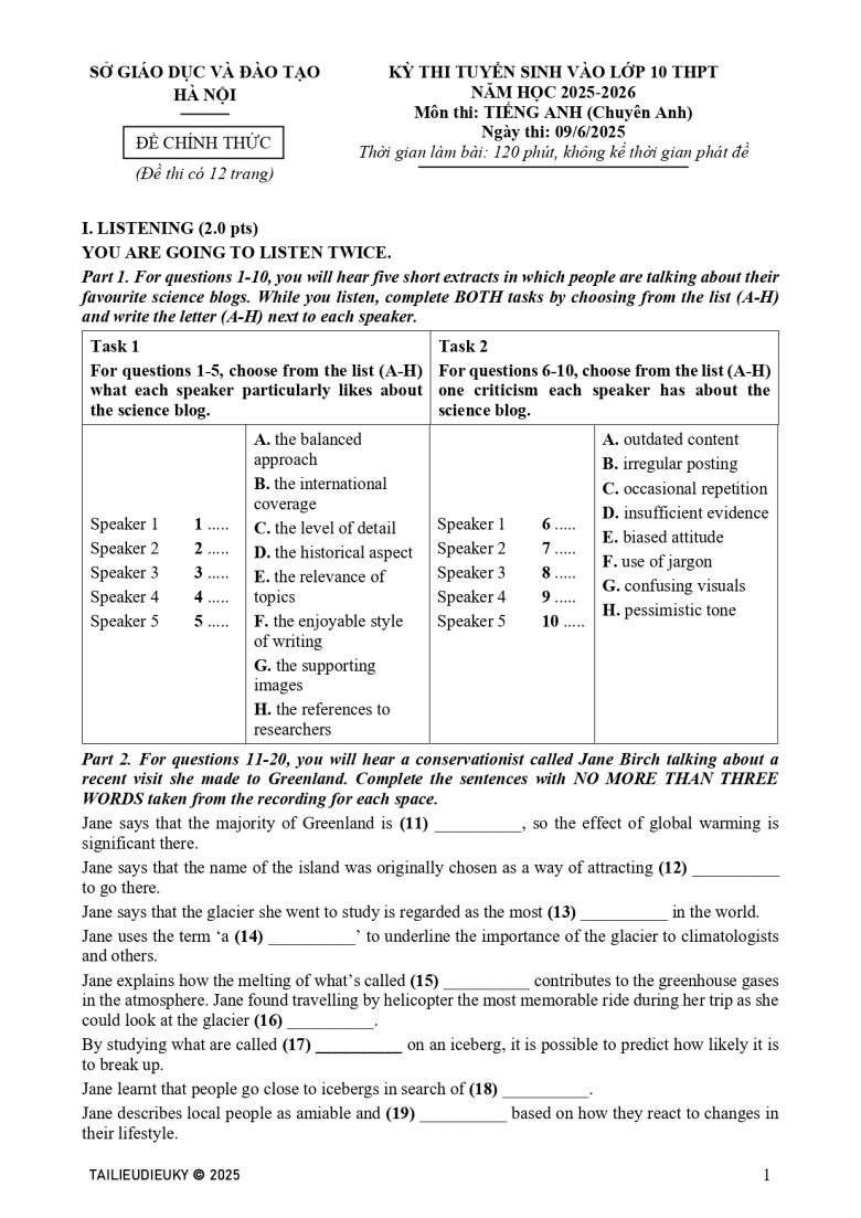 Đề thi chuyên Anh Hà Nội 2025 2026_page-0001