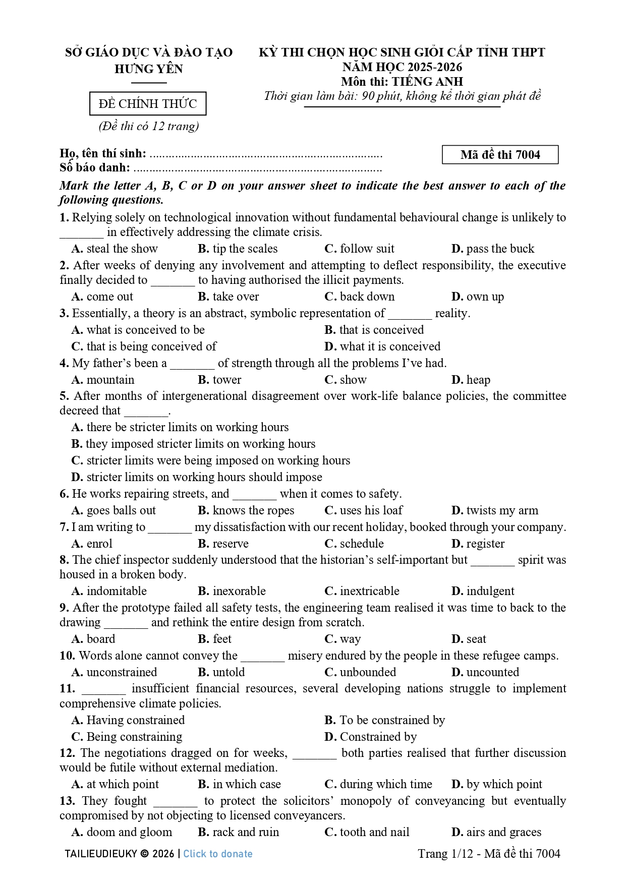 Đề Thi HSG Tiếng Anh 12 Tỉnh Hưng Yên 2025-2026_page-0001