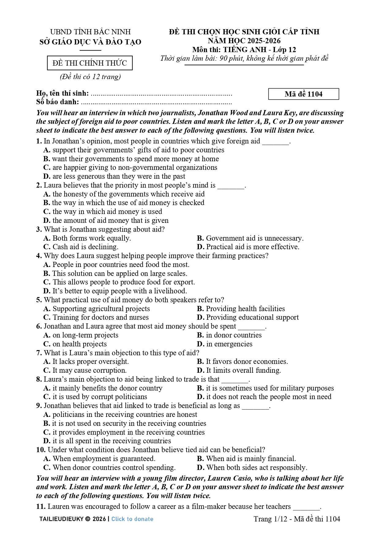 Đề thi chọn HSG Tiếng Anh 12 Tỉnh Bắc Ninh 2025-2026 _page-0001