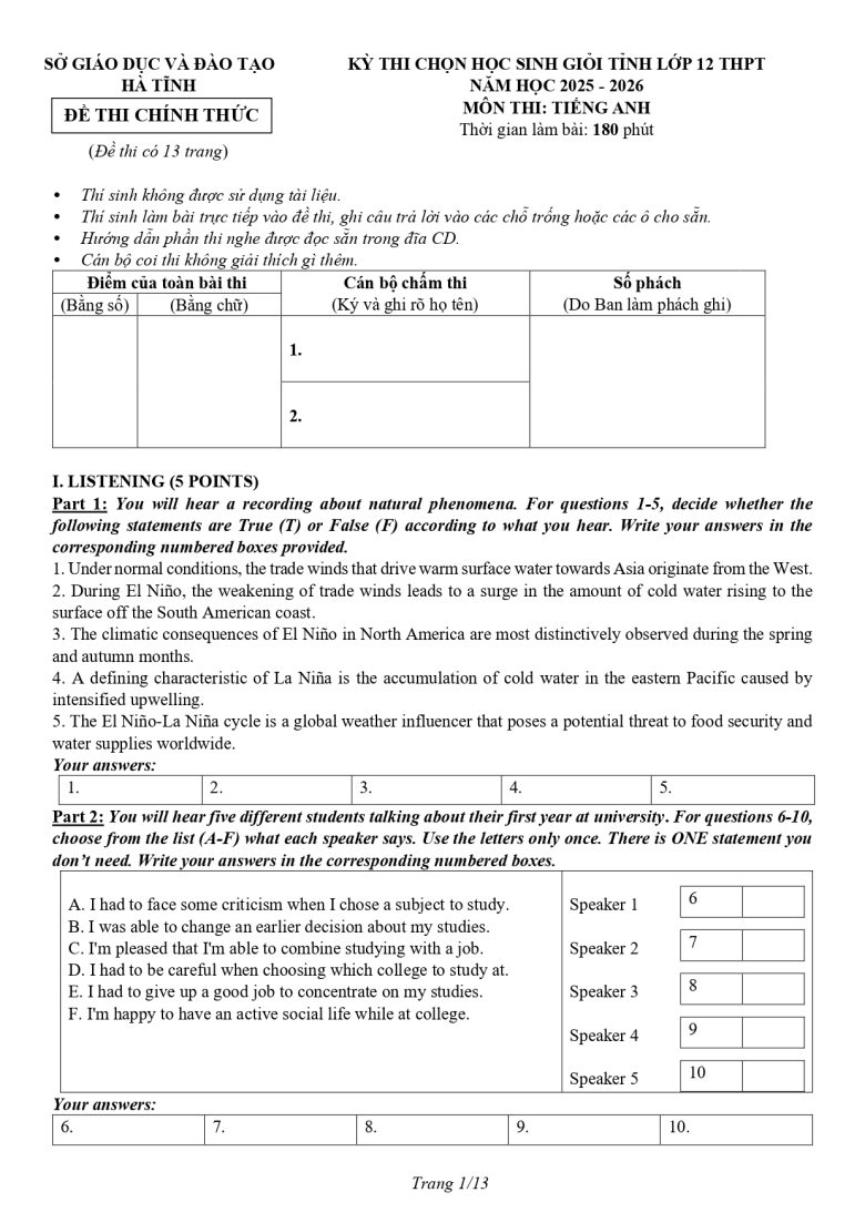 Đề thi chọn HSG Tiếng Anh 12 cấp tỉnh Hà Tĩnh năm 2025_page-0002