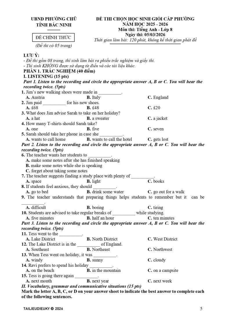 Đề HSG Tiếng Anh 8 cấp phường Chũ (Bắc Ninh) 2025-2026_page-0001