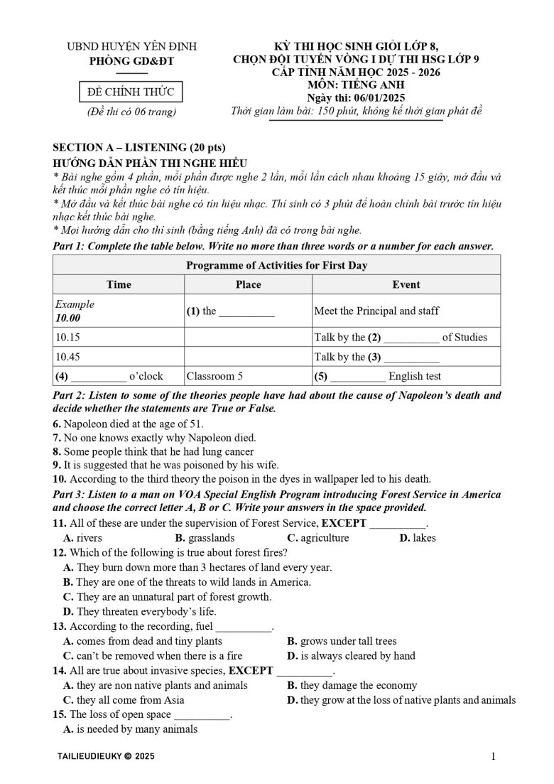 Đề Thi HSG Tiếng Anh Lớp 8 Huyện Yên Định 2025 – 2026_page-0001