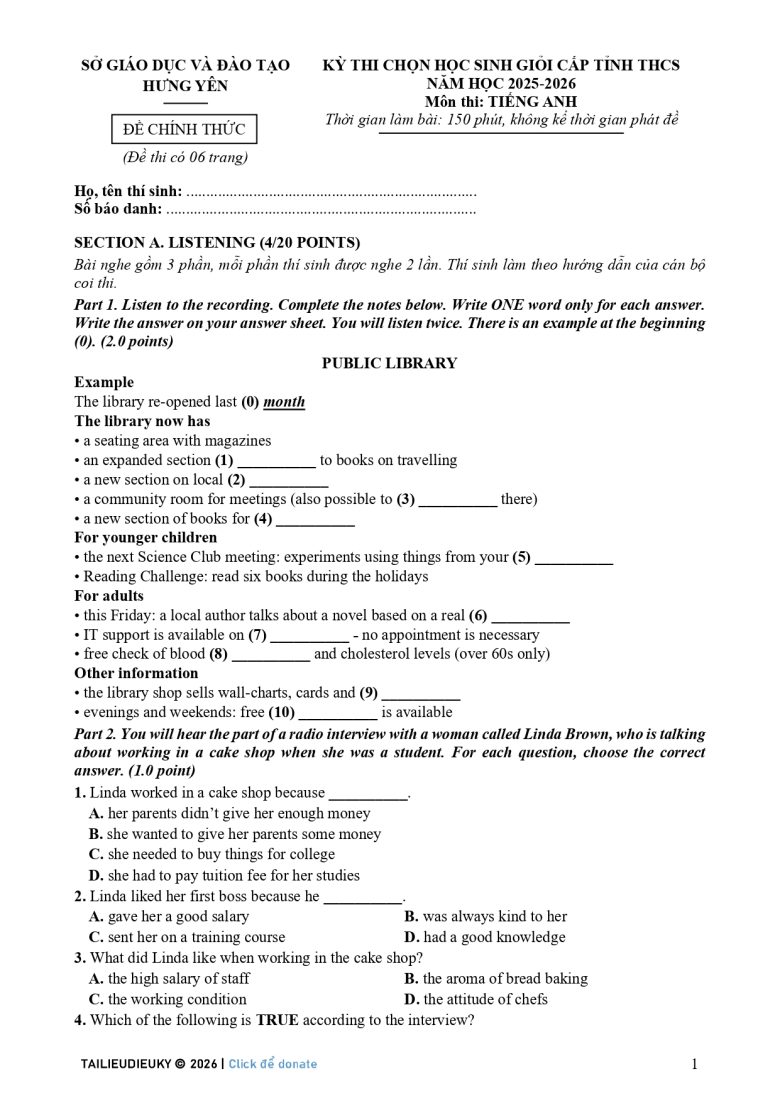 Đề thi HSG Tiếng Anh lớp 9 Hưng Yên 2025 – 2026_page-0001
