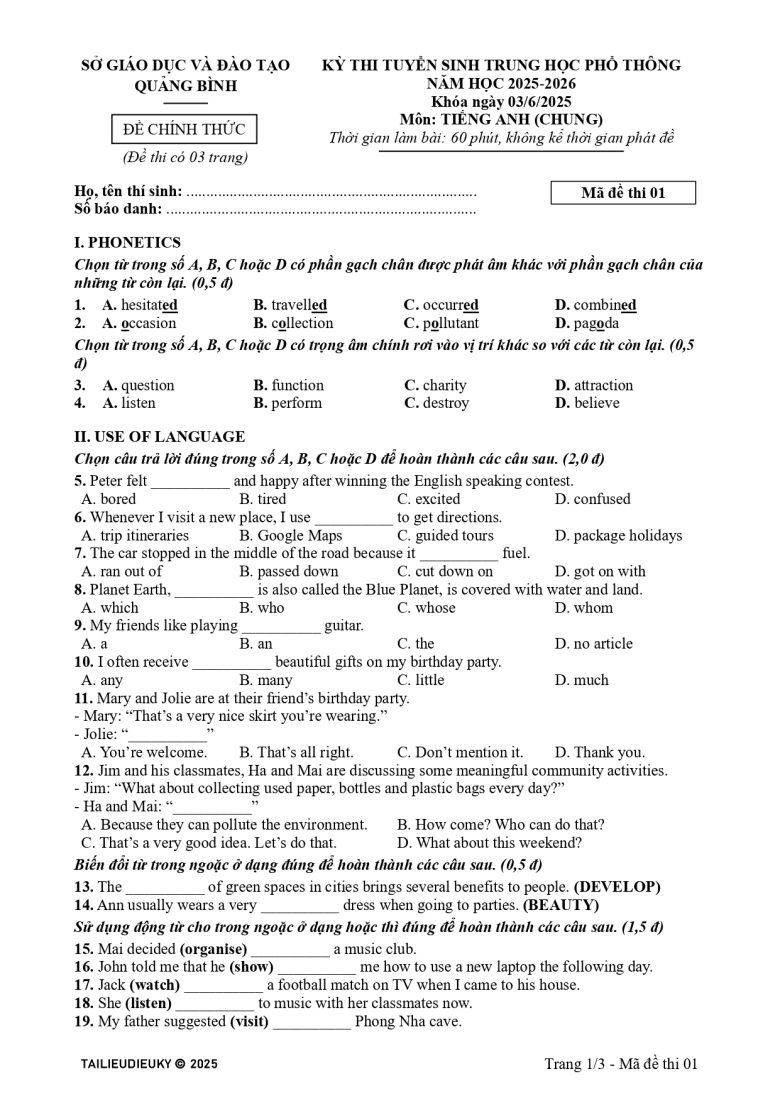 Đề thi Tiếng Anh vào lớp 10 Quảng Bình 2025