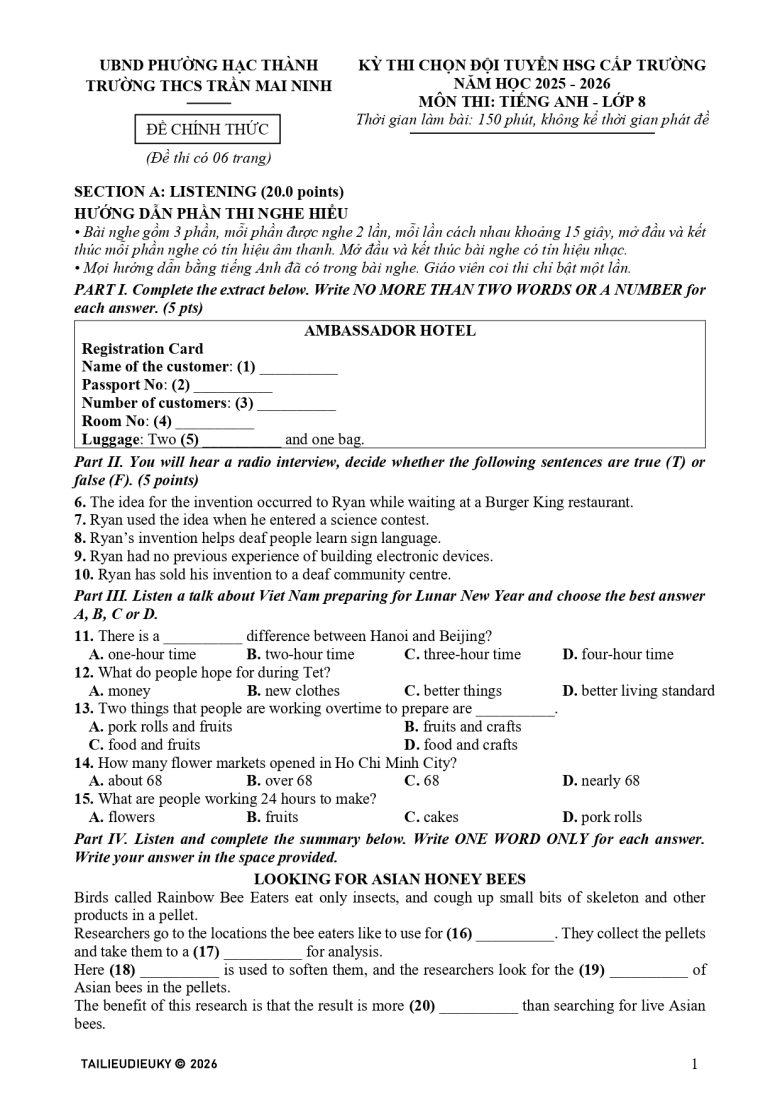 Đề thi chọn HSG Tiếng Anh 8 cấp trường 2025–2026_page-0001