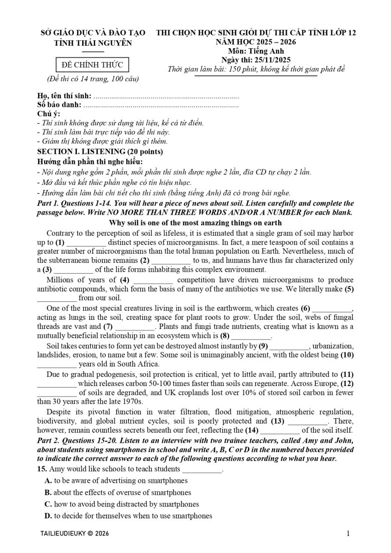 Đề HSG Tiếng Anh 12 cấp tỉnh Thái Nguyên 2025-2026_page-0001