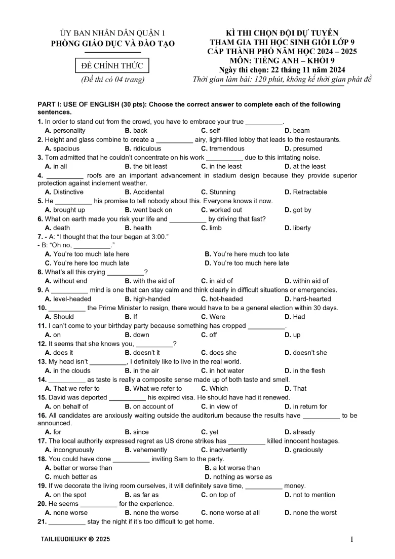 Đề HSG Tiếng Anh 9 Quận 1, TP HCM 2024-2025