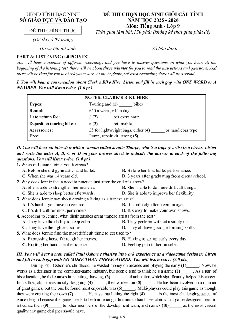 Đề HSG Tiếng Anh 9 tỉnh Bắc Ninh 2025-2026
