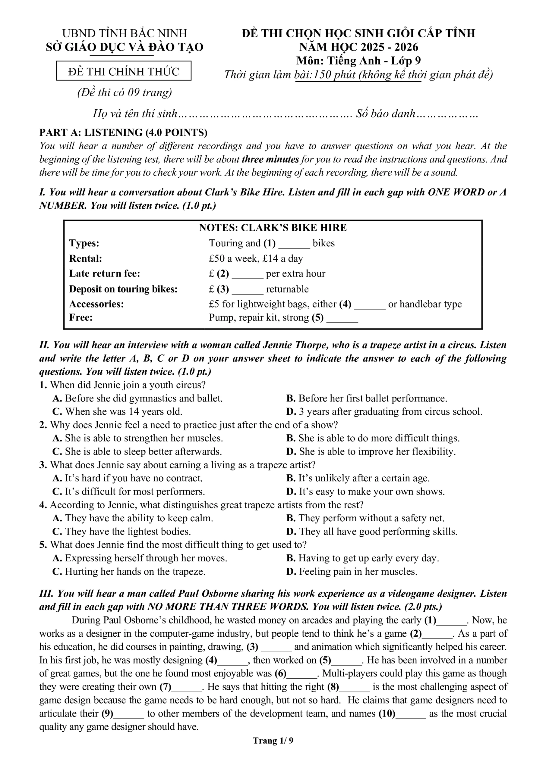 Đề HSG Tiếng Anh 9 tỉnh Bắc Ninh 2025-2026