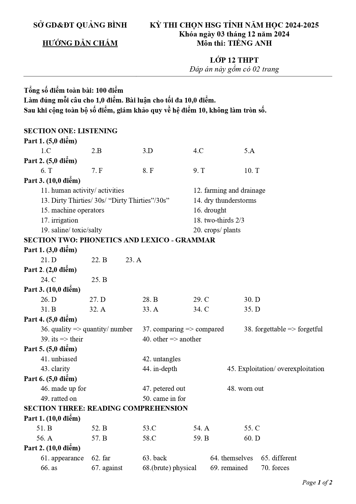Đề thi HSG Tiếng Anh 12 Quảng Bình 2024-2025 - Đáp án chính thức
