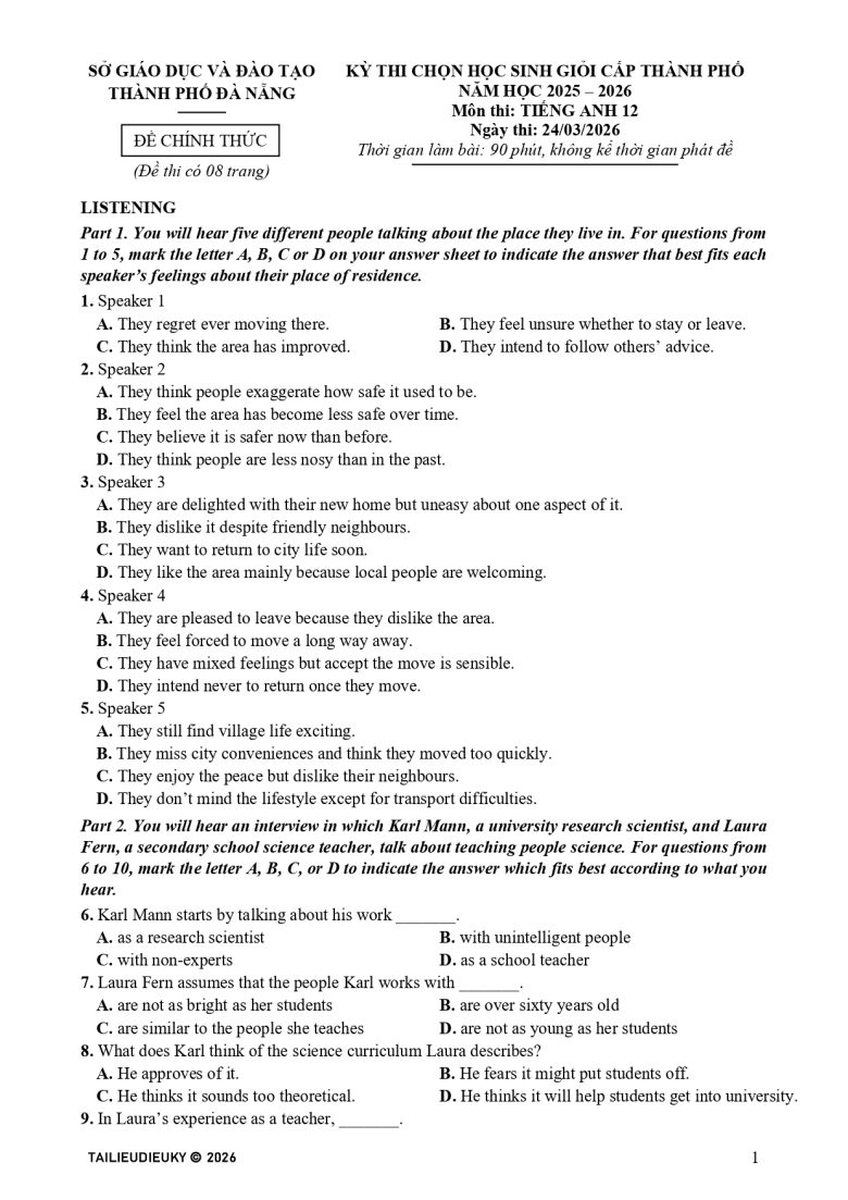 Đề thi HSG Tiếng Anh 12 thành phố Đà Nẵng 2025-2026_page-0001