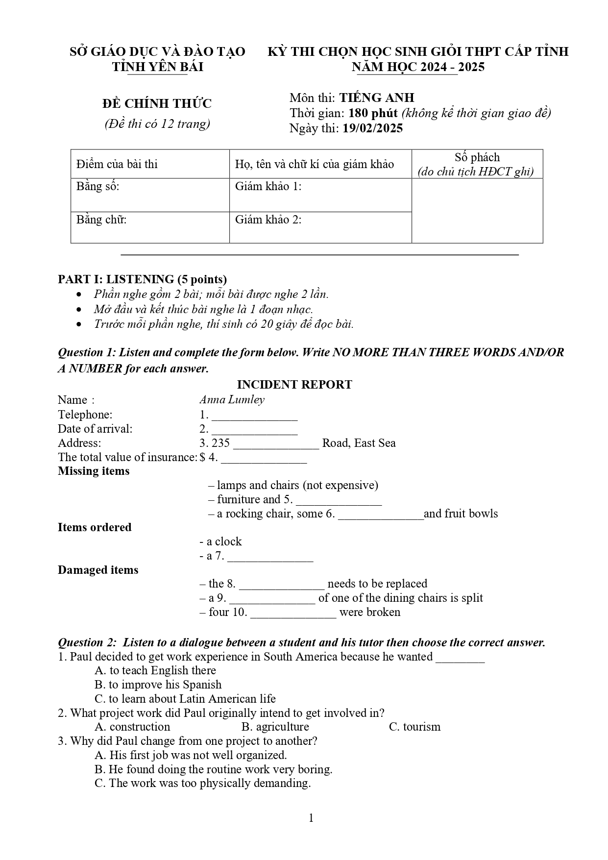 Đề thi HSG Tiếng Anh 12 tỉnh Yên Bái 2024-2025_page-0001