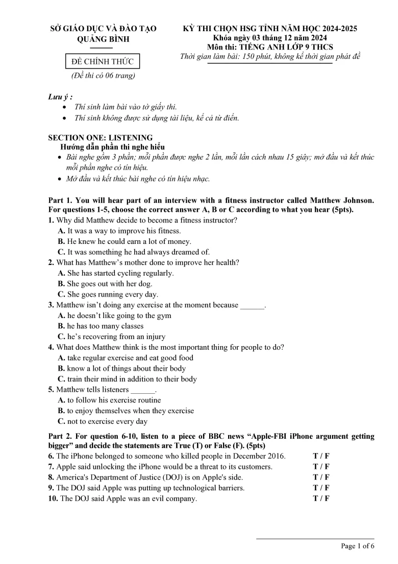 Đề thi HSG Tiếng Anh 9 Quảng Bình 2024-2025