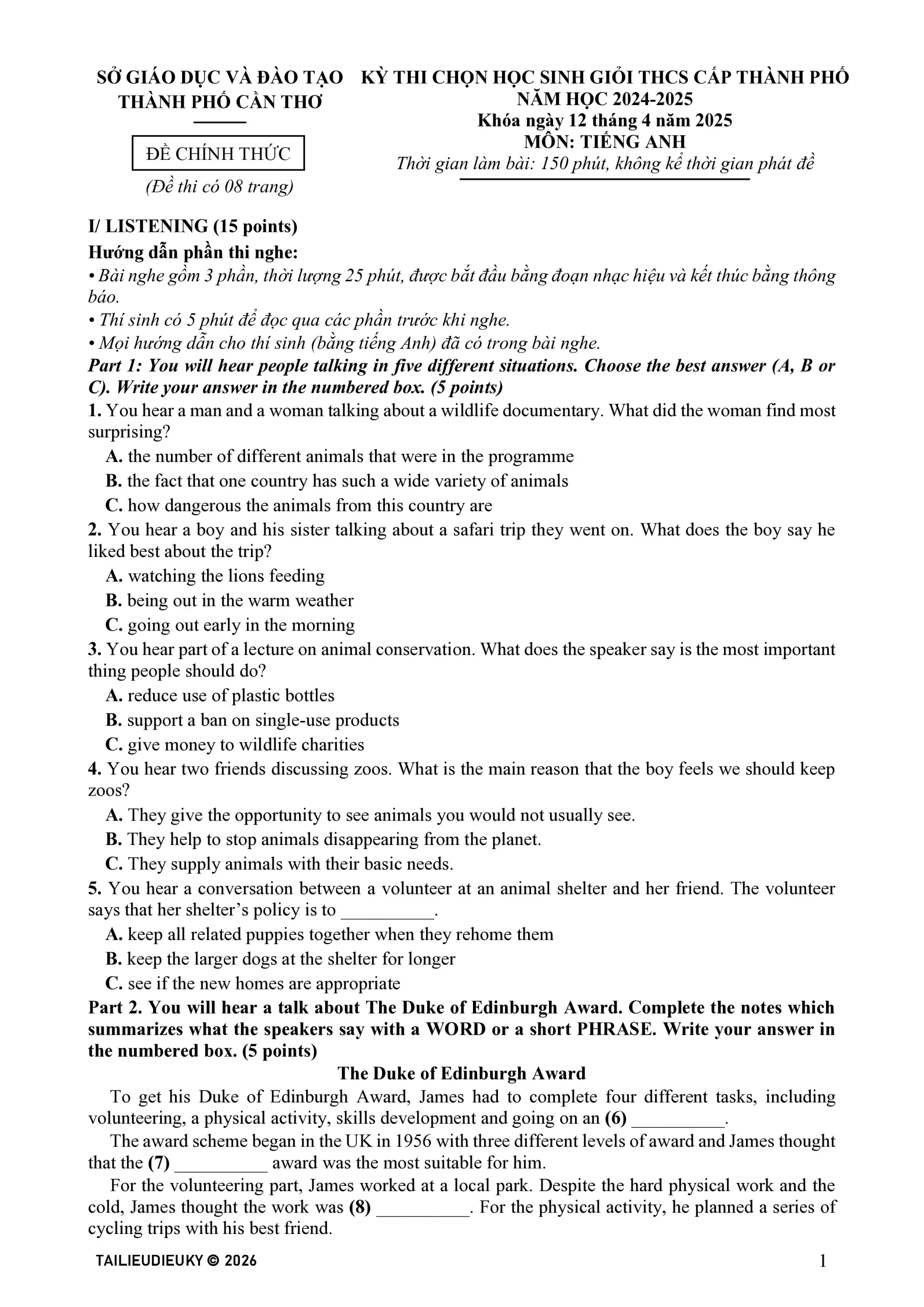 Đề thi HSG Tiếng Anh 9 TP Cần Thơ 2024-2025