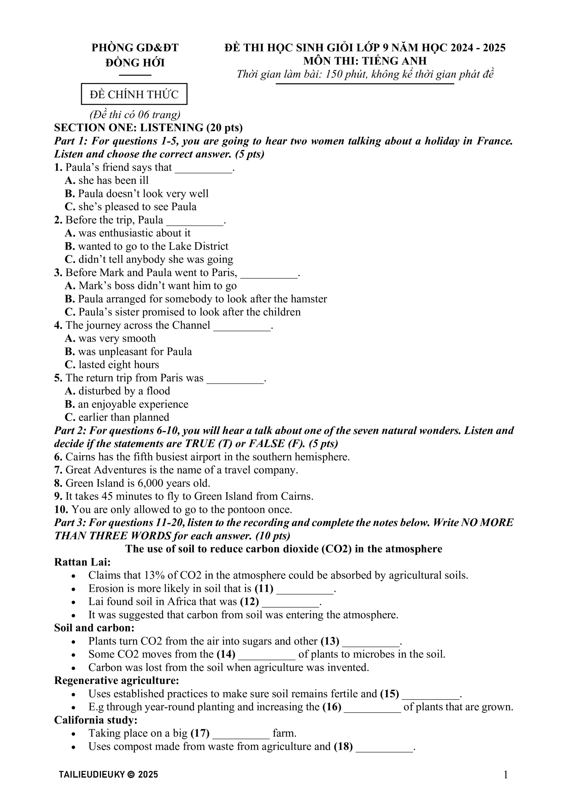 Đề thi HSG Tiếng Anh 9 cấp TP Đồng Hới 2024-2025