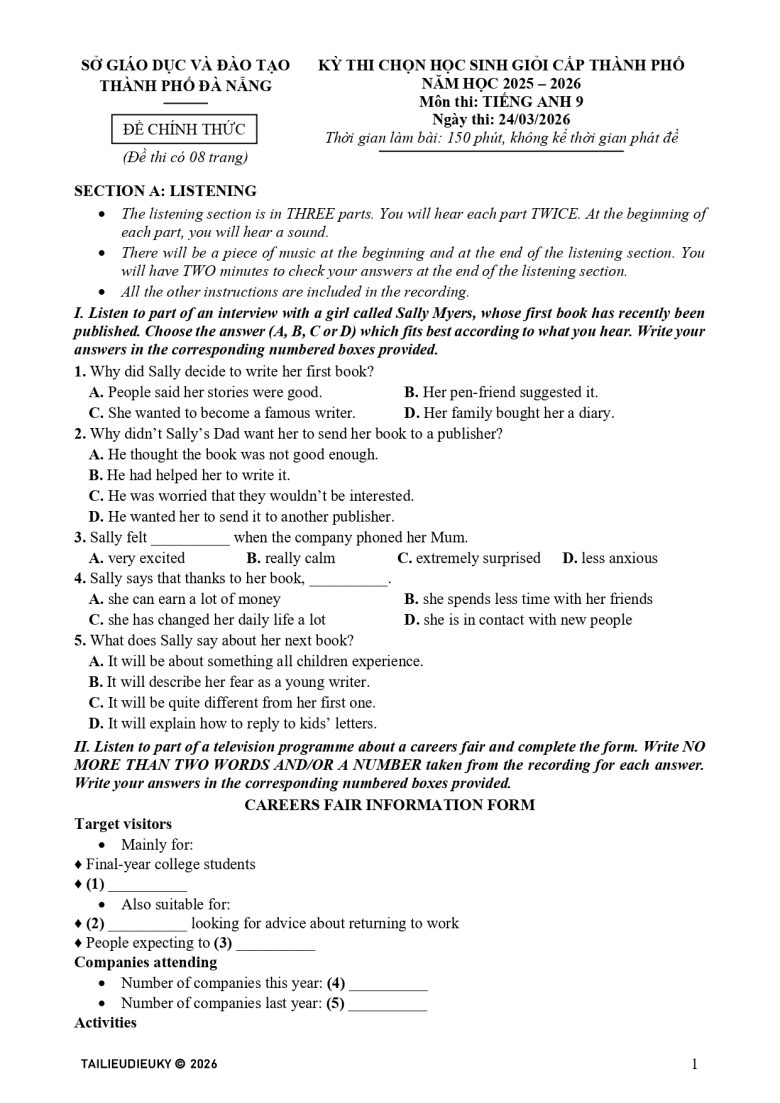Đề thi HSG Tiếng Anh 9 cấp thành phố Đà Nẵng 2025-2026_page-0001