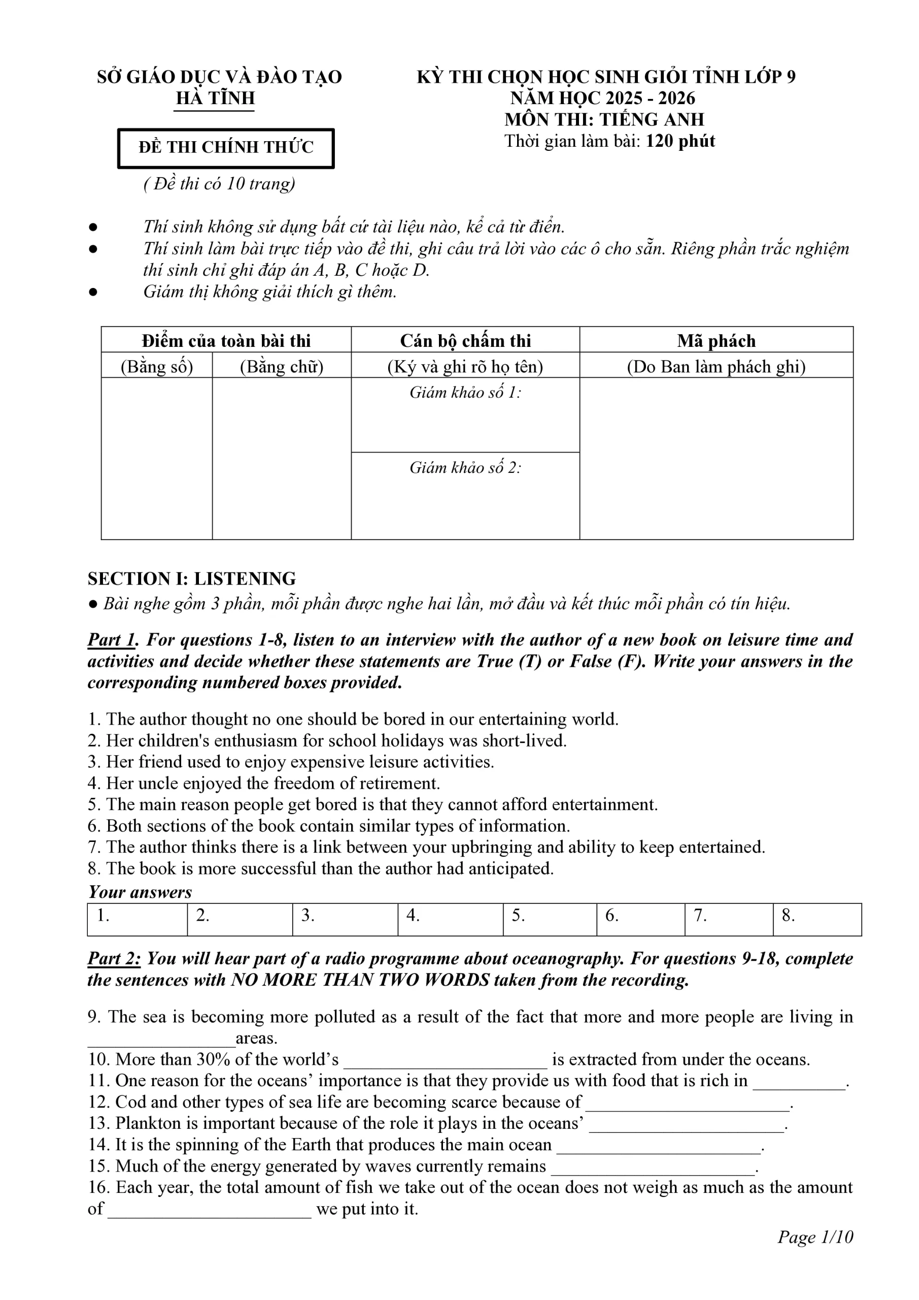 Đề thi HSG Tiếng Anh 9 cấp tỉnh Hà Tĩnh 2025-2026