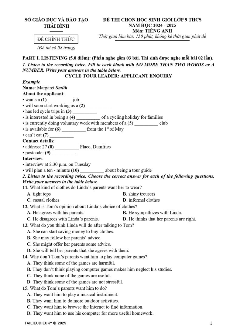 Đề thi HSG Tiếng Anh 9 cấp tỉnh Thái Bình 2024-2025_page-0001