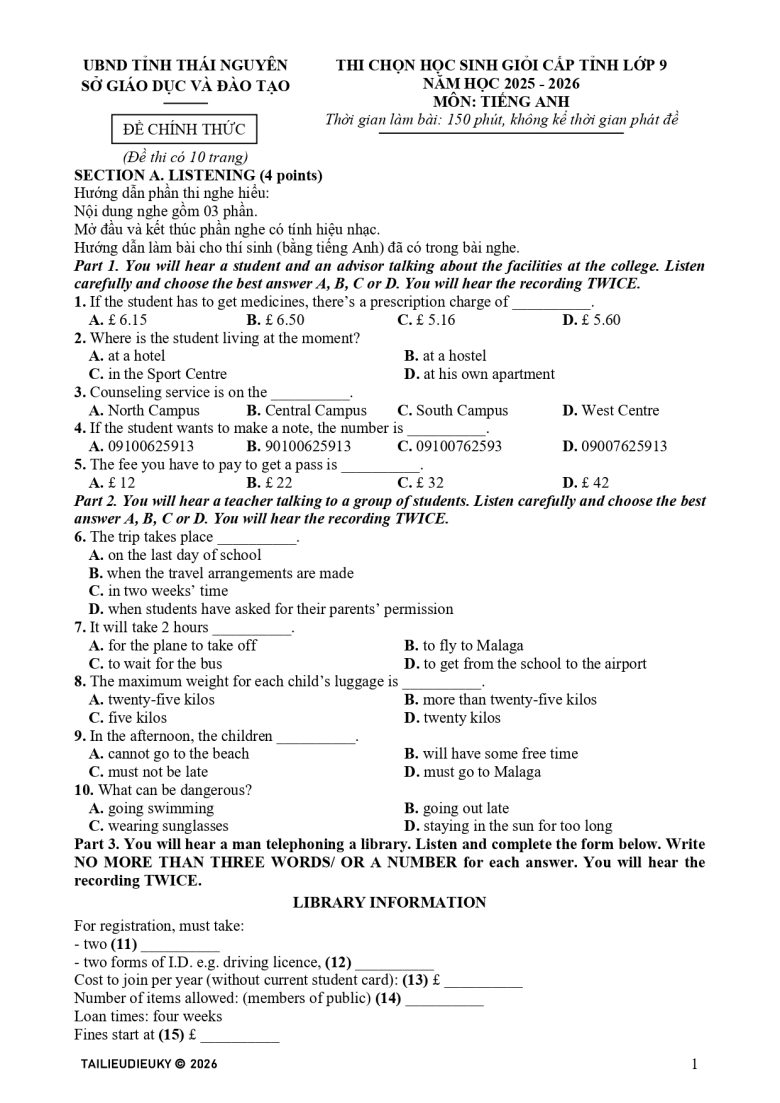 Đề thi HSG Tiếng Anh 9 cấp tỉnh Thái Nguyên 2025–2026 _page-0001
