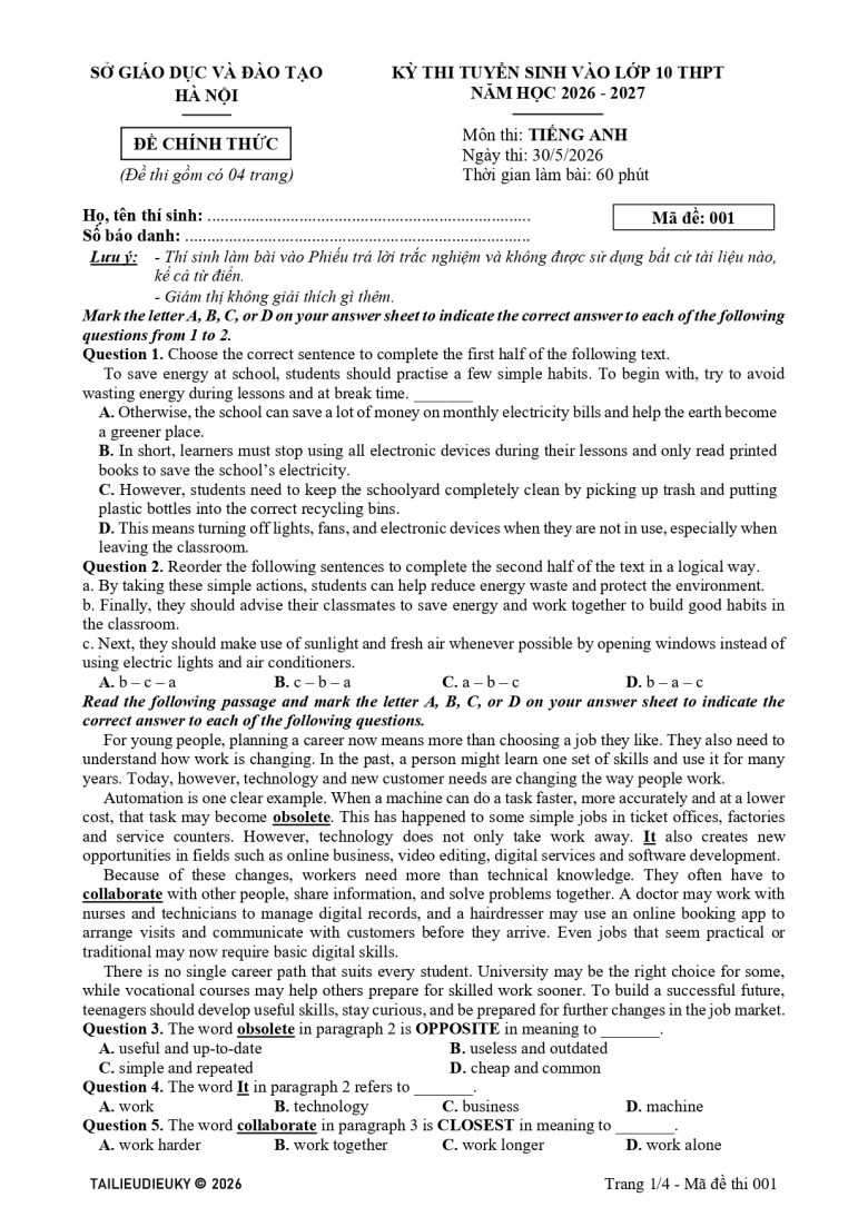 Đề Tiếng Anh vào 10 Hà Nội 2026-2027 - Mã đề 001 (pdf, word)_page-0001
