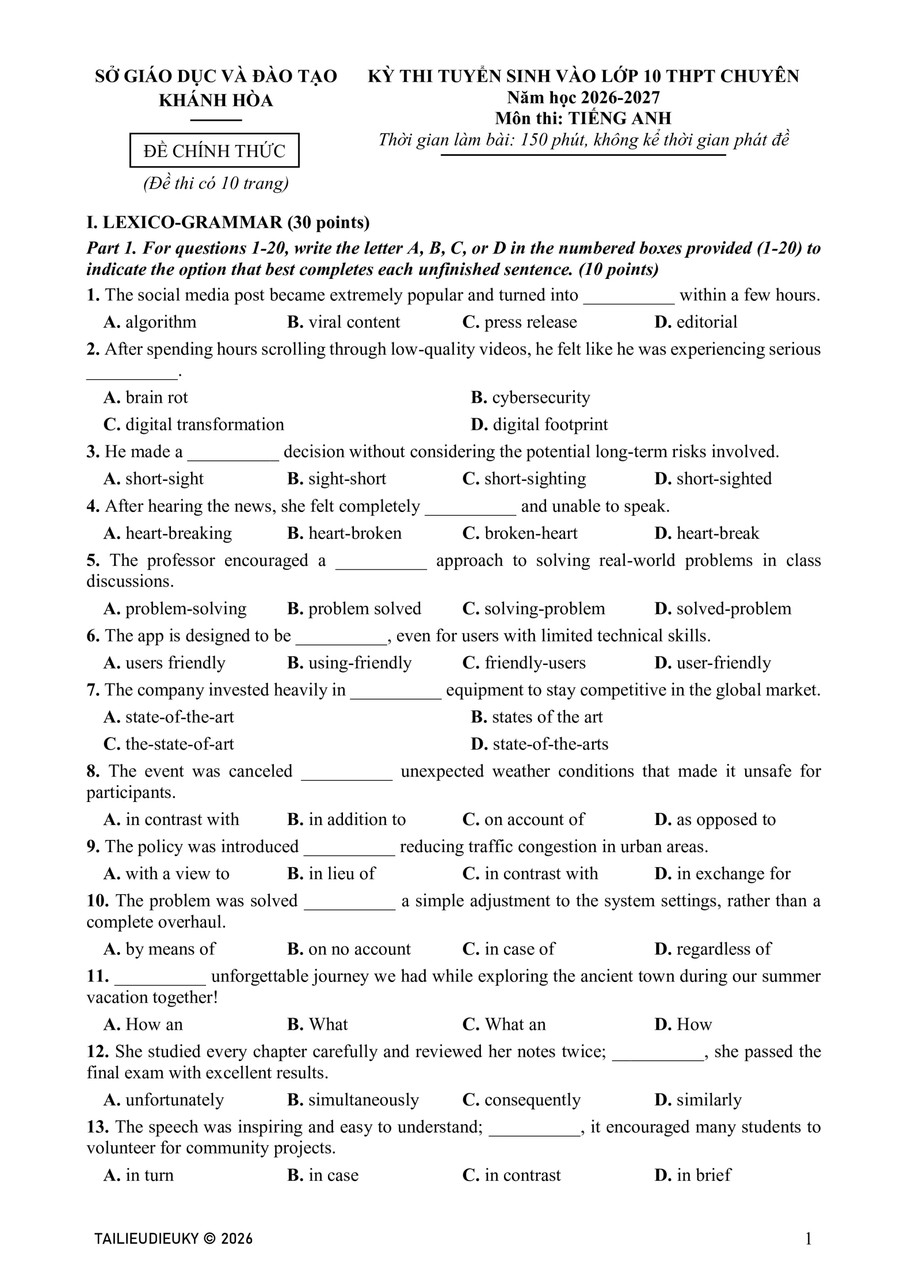 Đề Chuyên Anh Khánh Hòa 2026-2027